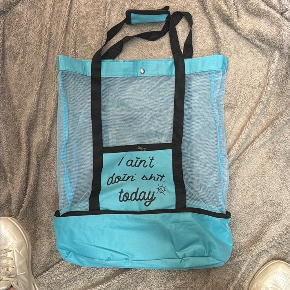 Blue Mesh Tote Bag with Black Straps